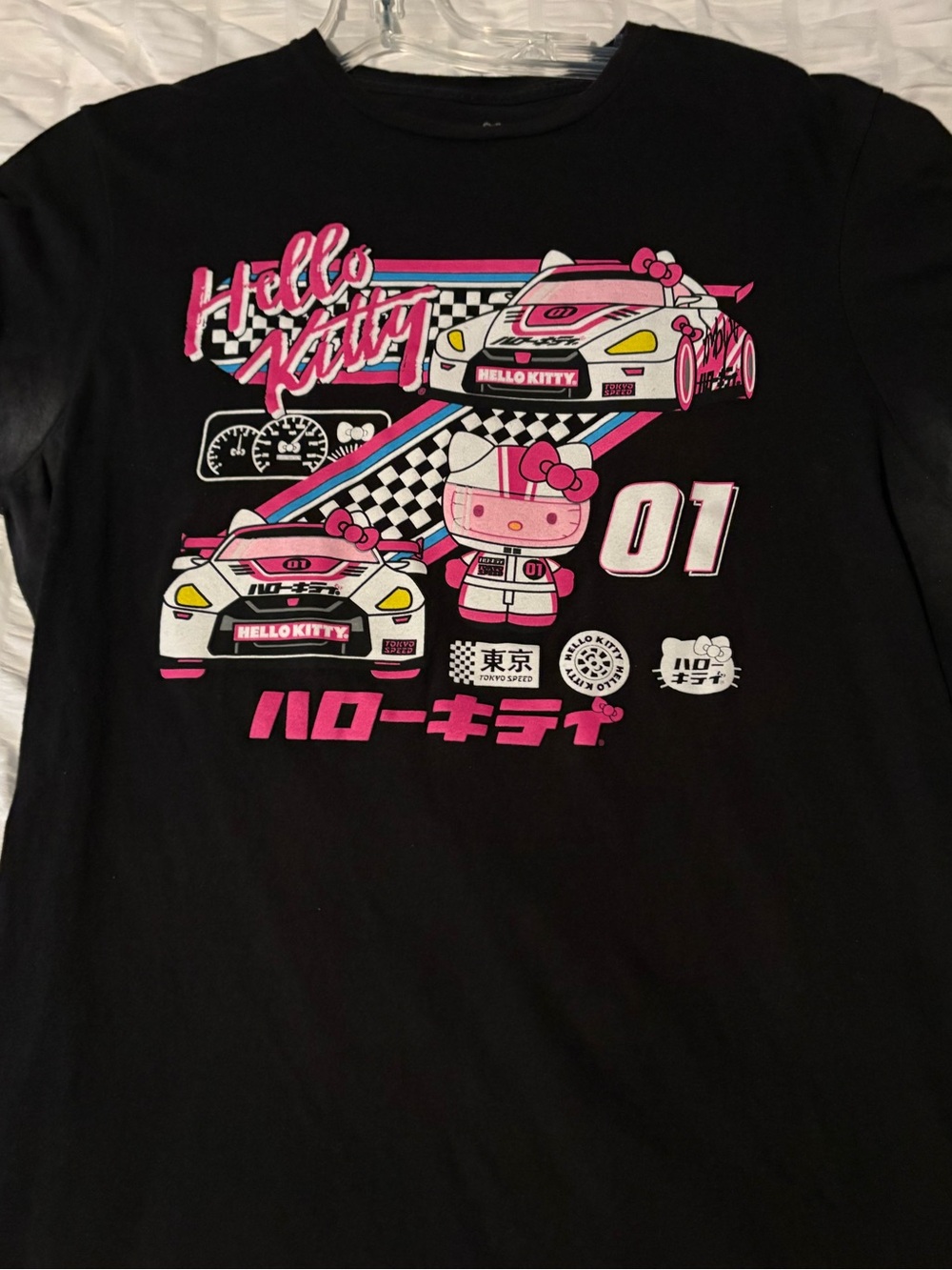 Men’s Hello Kitty Black Tee with Pink and White Racing Graphic